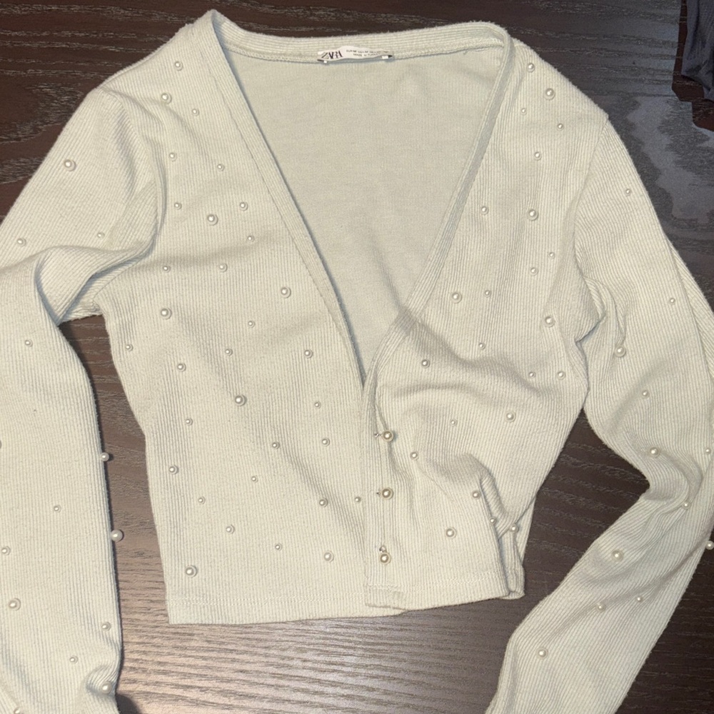 Zara Cream Pearl-Embellished Ribbed Cardigan